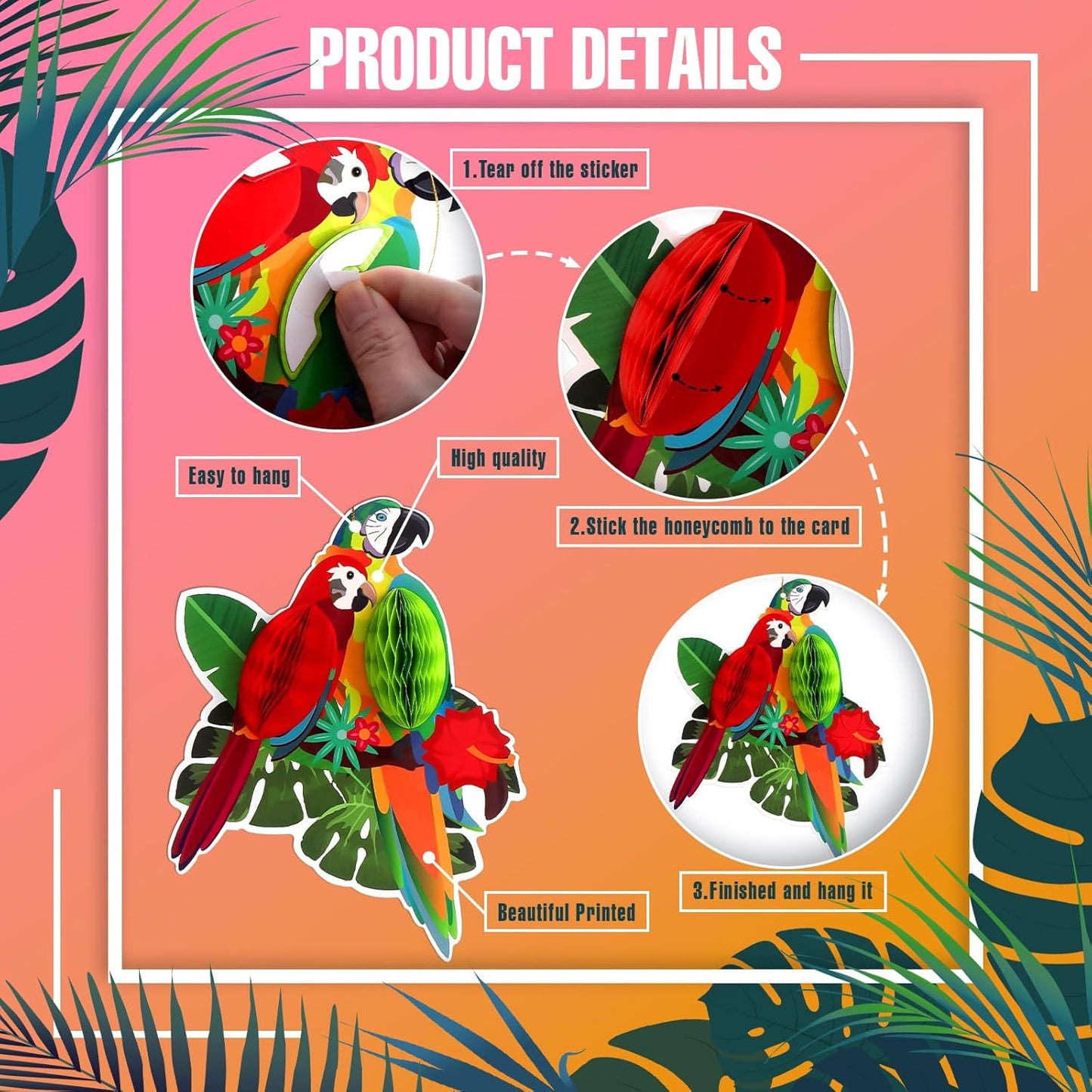 6Pieces Tropical Birds Honeycomb Parrot Paper Cutouts Decorations, Hawaiian Party Hanging Parrot Decorations for Luau Summer Rainforest Party Indoor Outdoor