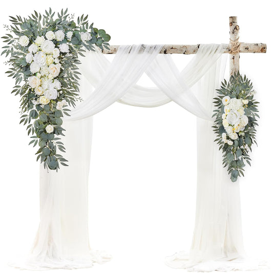 Wedding Arch Flowers with Drapes Kit (Pack of 4) - 2pcs Artificial Ivory & White Deluxe Swag with 2pcs Sheer Drapes for Wedding Ceremony Arbor Reception Backdrop Rose Floral Decoration