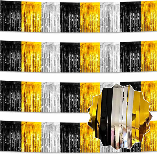 4 Pack 10 Ft Black Gold Silver Foil Fringe Garland Metallic Streamers Tinsel Banner Wall Hanging Garland Backdrop for Parade Floats, Halloween, Christmas, Thanksgiving, New Year Party Decorations