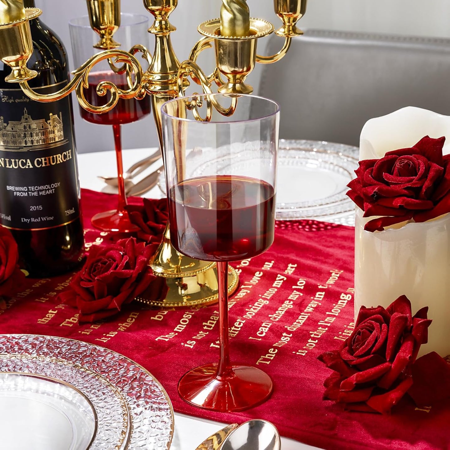 Ciaell 12 Pack 10 Oz Clear Plastic Wine Glasses with Red Stem - Disposable Cocktail Goblets Perfect for Parties & Weddings & Poolside & Outdoors & Camping & Party & Christmas