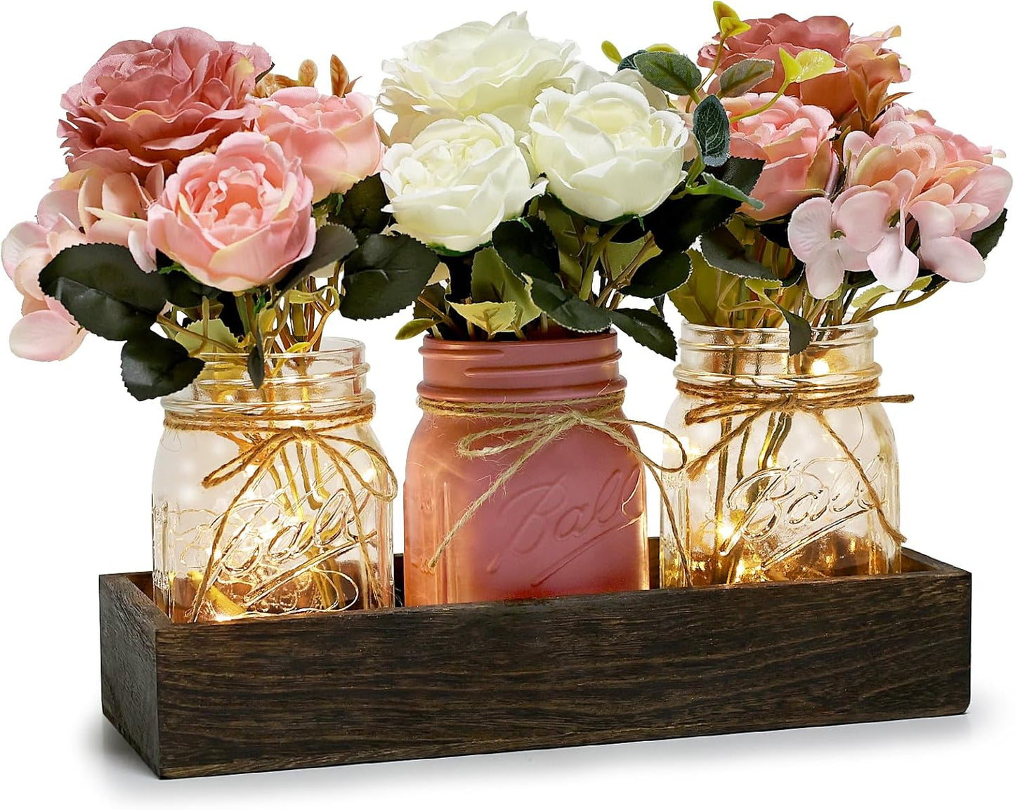 Mason Jar Lights Centerpiece for Table, Mason Jar Centerpiece Decor for Dining Room Farmhouse Coffee Table Decor with Wood Tray Fairy Lights Fake Peony Flowers for Kitchen Living - Pink White