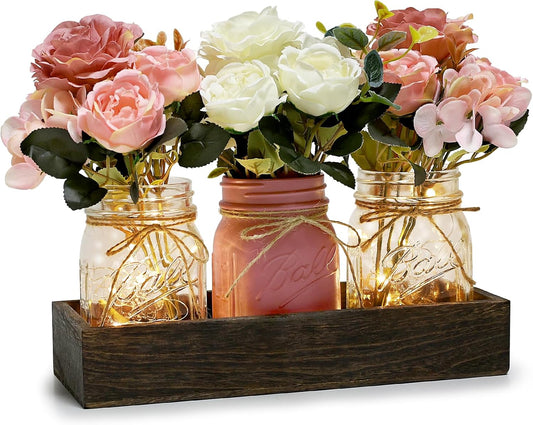 Mason Jar Lights Centerpiece for Table, Mason Jar Centerpiece Decor for Dining Room Farmhouse Coffee Table Decor with Wood Tray Fairy Lights Fake Peony Flowers for Kitchen Living - Pink White