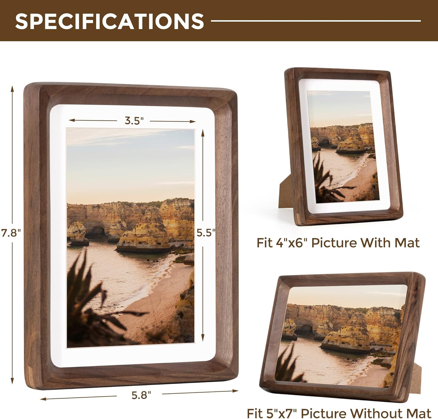 5x7 Wooden Picture Frames USA-Sourced Natural Walnut Wood Solid Wood Photo Frame Handcrafted Rounded Corner with Mat to 4x6 Picture Display with Real Glass Family Picture, Wedding Picture