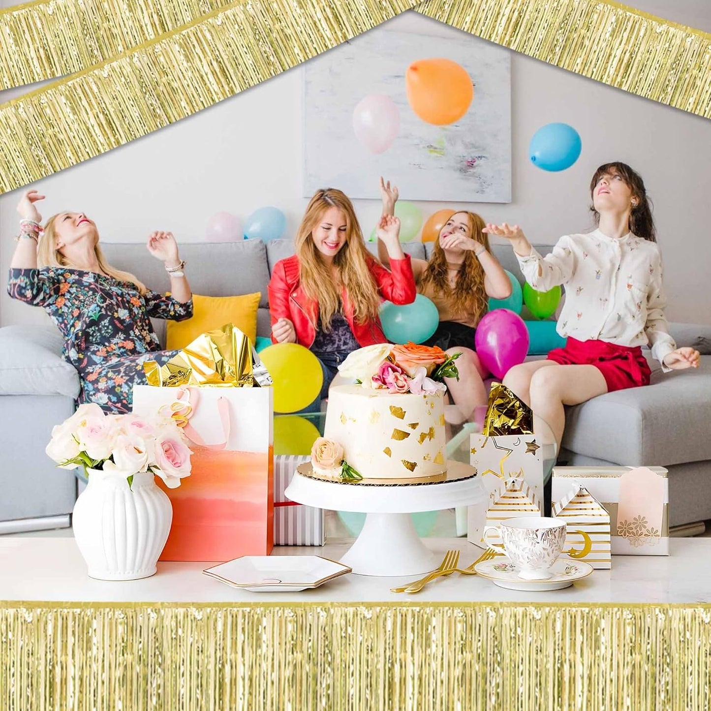 4 Pack 10 Ft Light Gold Foil Fringe Garland Metallic Streamers Tinsel Banner Wall Hanging Garland Backdrop for Parade Floats, Halloween, Christmas, Thanksgiving, New Year Party Decorations