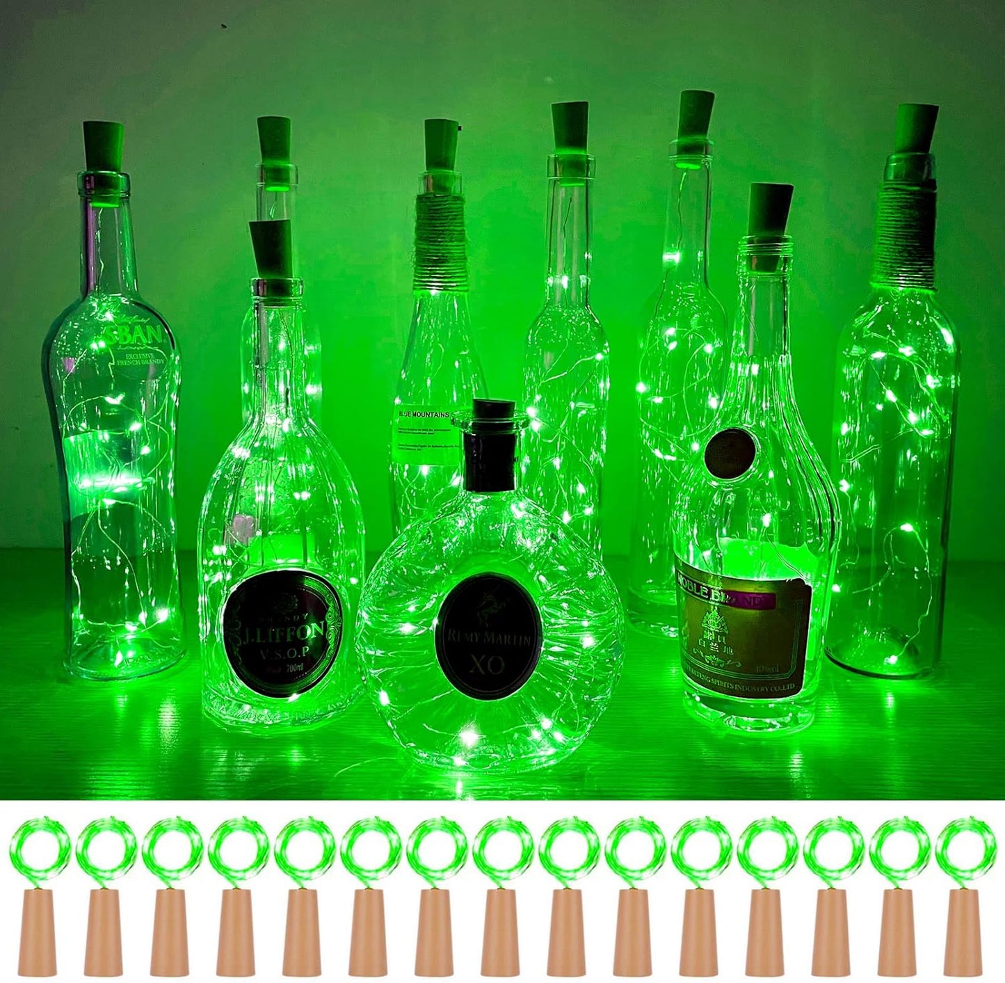 Wine Bottle Lights with Cork 15Pack 10 LED 40 Inches Battery Operated Silver Wire Liquor Fairy Mini String Lights for Party Christmas Halloween Wedding Decoration (Green)