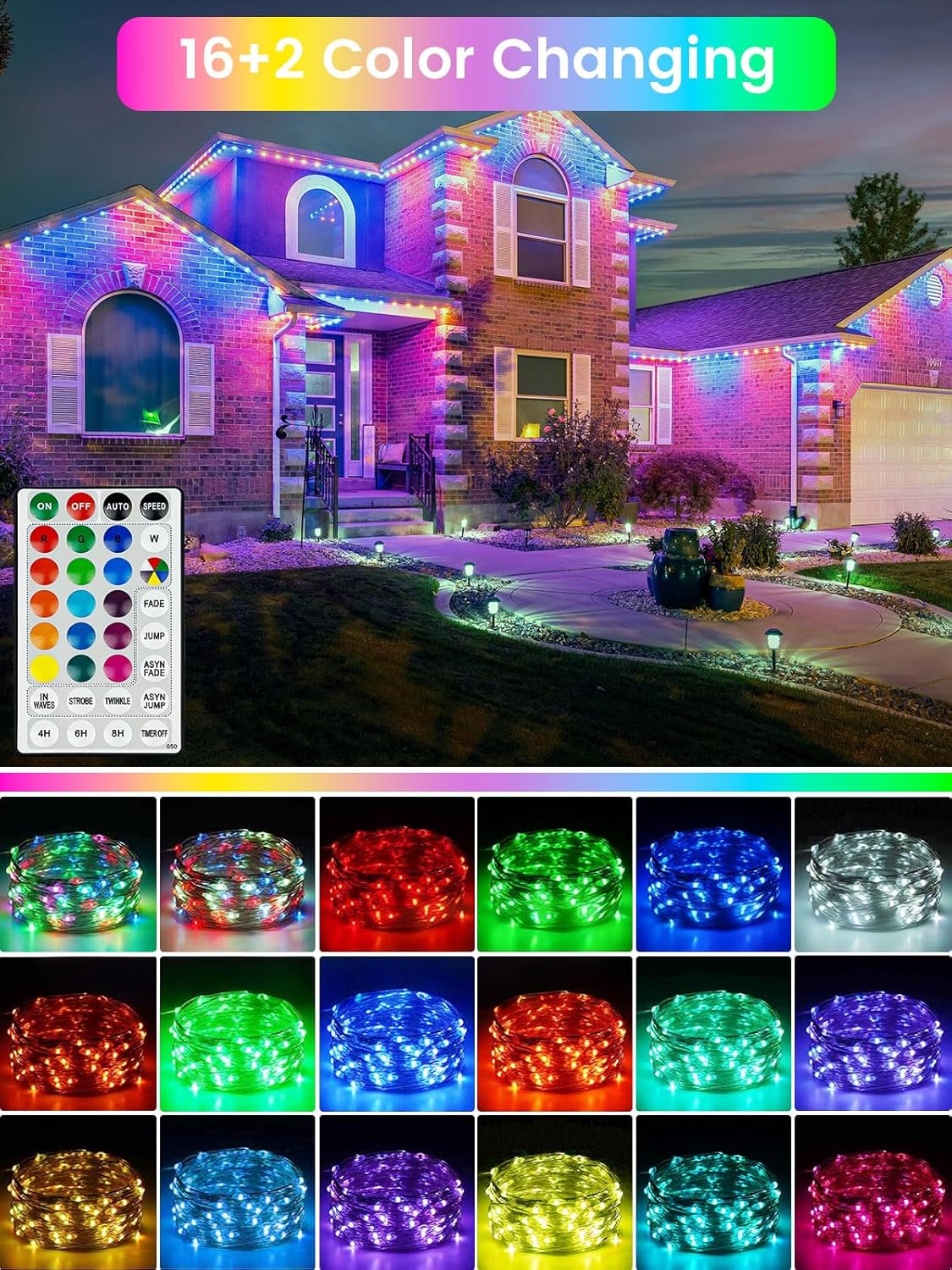 RGB Color Changing 33Ft 100LED Halloween Fairy Lights Battery Operated, Waterproof String Lights USB Powered with Timer for Indoor & Outdoor,18 Colors and Multicolor for Girl's Bedroom Christmas Decor