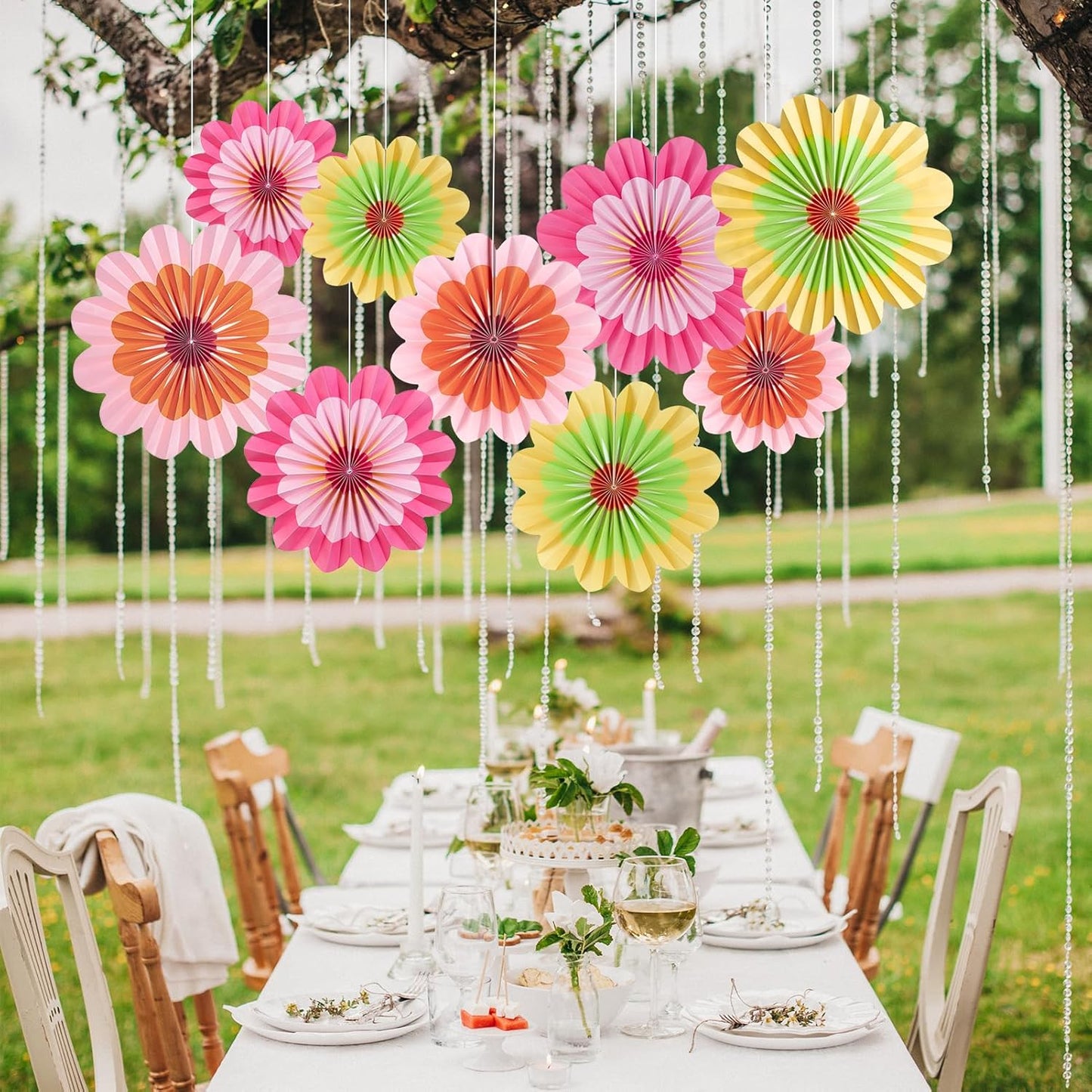 SUNBEAUTY 9 PCS Paper Flowers Decorations Hanging Carnival Paper Fans Decorations Flower Paper Fans Paper Floral Backdrop Spring Decorations