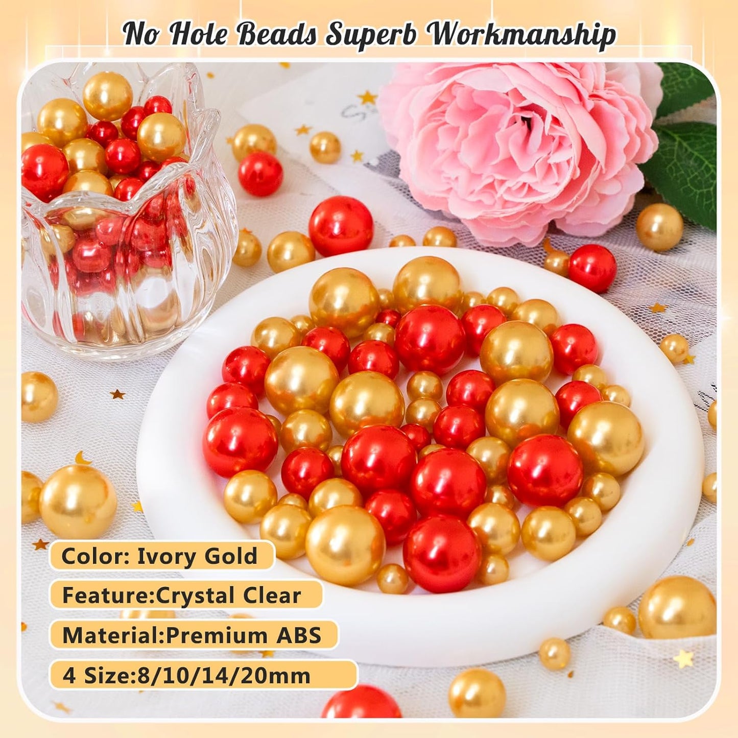 300Pcs Pearl Vase Filler, Red Gold No Hole Faux Pearl Beads for Centerpieces Vases, Candle Centerpieces, Wedding Birthday Party Home Decor 8/10/14/20mm