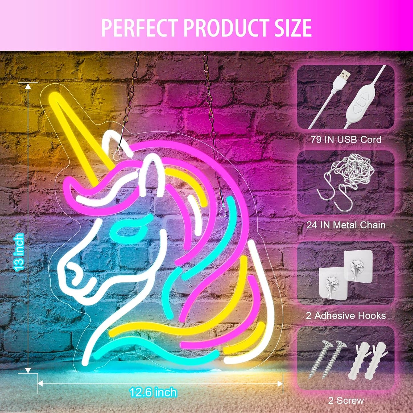 Unicorn Neon Sign for Wall Decor, Dimmable Colorful Unicorn Neon Lights for Girls Room, USB Powered Unicorn Led Signs for Bedroom Kids Room, Perfect Gifts Unicorn Lights for Girls(13"*12.6")