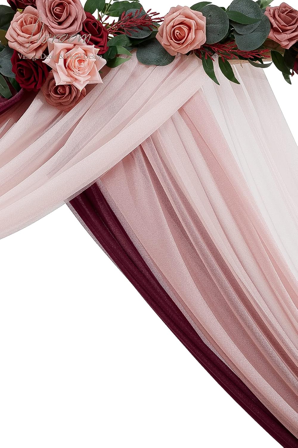 Floroom Wedding Arch Draping Fabric 3 Panels 20Ft Chiffon Fabric Drapes Arbor Drapery Wedding Ceremony Reception Swag Decorations (Burgundy +Dusty Rose +Blush)