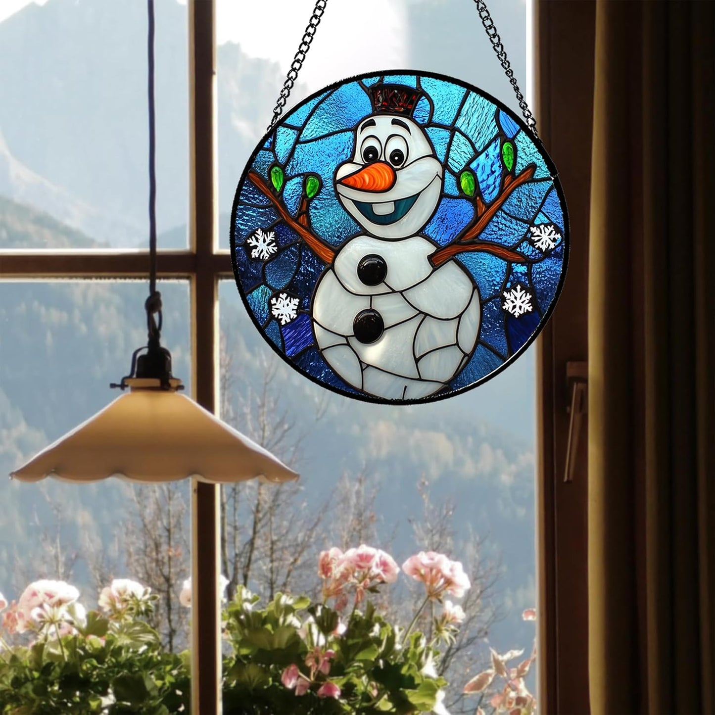 Stained Glass Window Hanging Christmas Funny Snowman 9.8" - Suncatcher Door Garden Blue White Snowflakes Sun Catcher New Year Birthday for Friend Mom Men Woman Nana