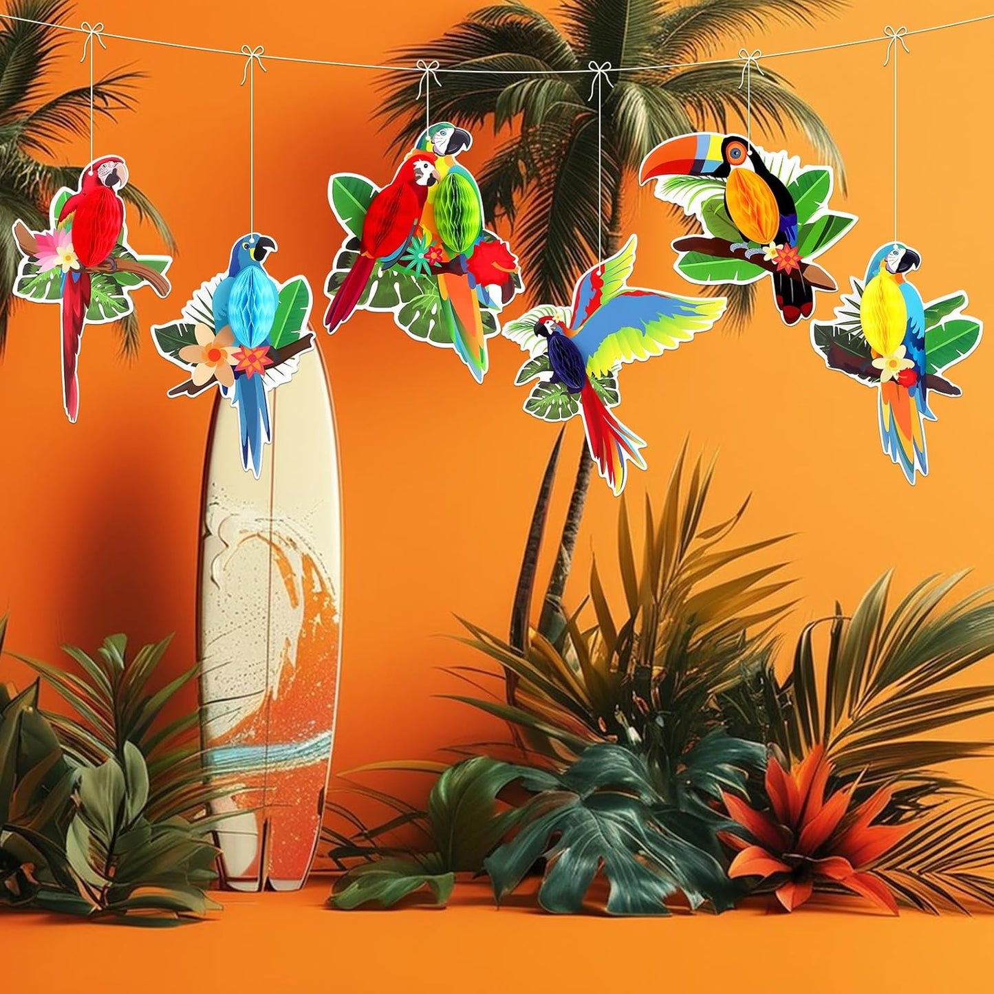 6Pieces Tropical Birds Honeycomb Parrot Paper Cutouts Decorations, Hawaiian Party Hanging Parrot Decorations for Luau Summer Rainforest Party Indoor Outdoor