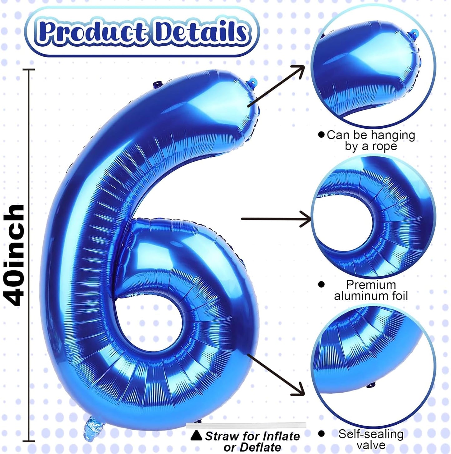 Navy Blue Number Balloons 6, 40inch Large Dark Royal Blue Digital 6 Foil Mylar Helium Balloon for Boys, Self Inflating Number Balloons 0-9 for Men Women Birthday Party Anniversary Decorations