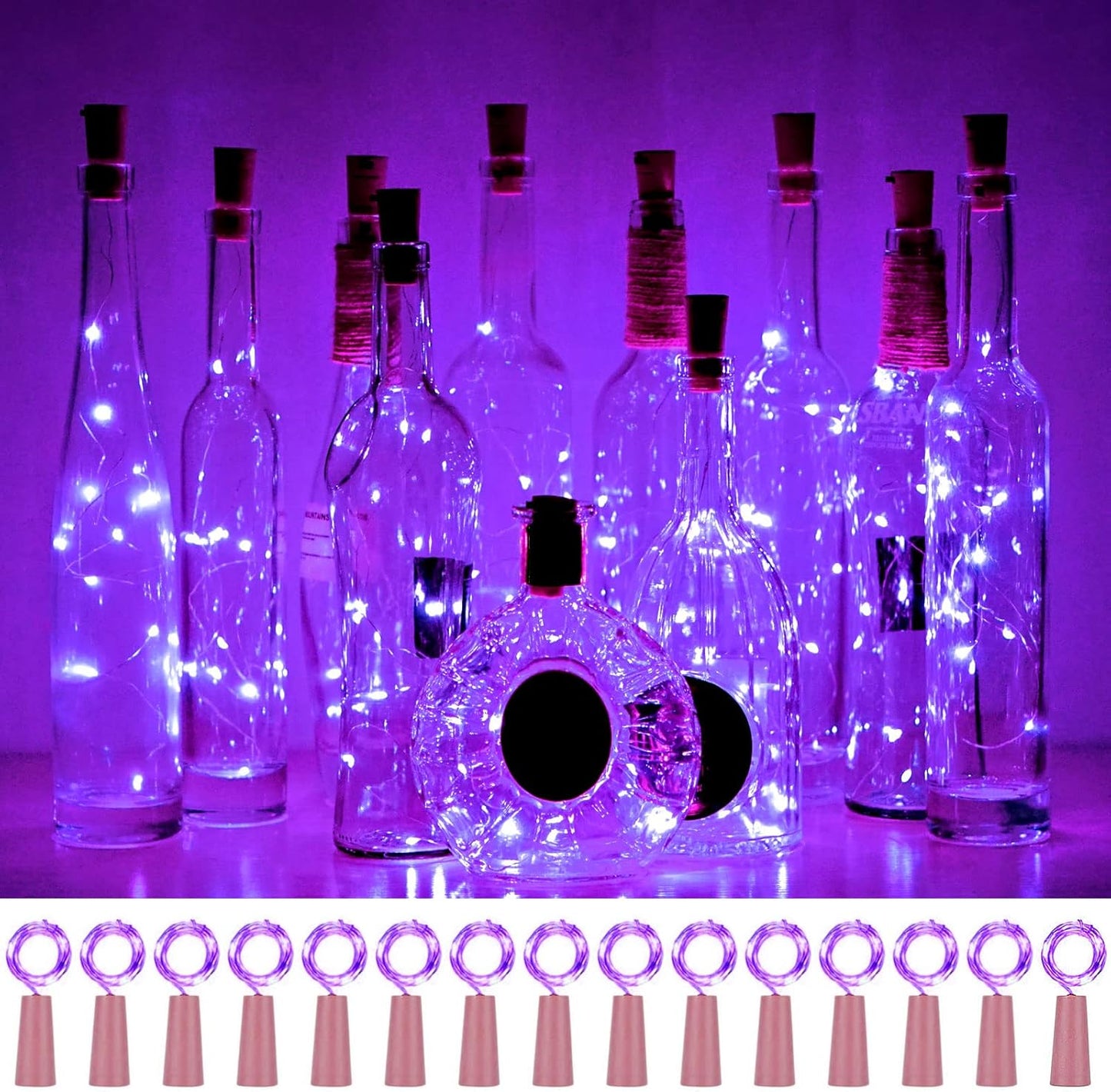 Wine Bottle Lights with Cork 15Pack 10 LED 40 Inches Battery Operated Silver Wire Liquor Fairy Mini String Lights for Party Christmas Halloween Wedding Decoration (Purple)