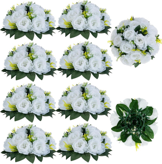 BLOSMON White Flowers for Wedding Centerpieces: 10 Pcs Artificial Roses Flower Balls for Table - Fake Silk Kissing Bouquet Floral Arrangement Center for Home Party Event Decor