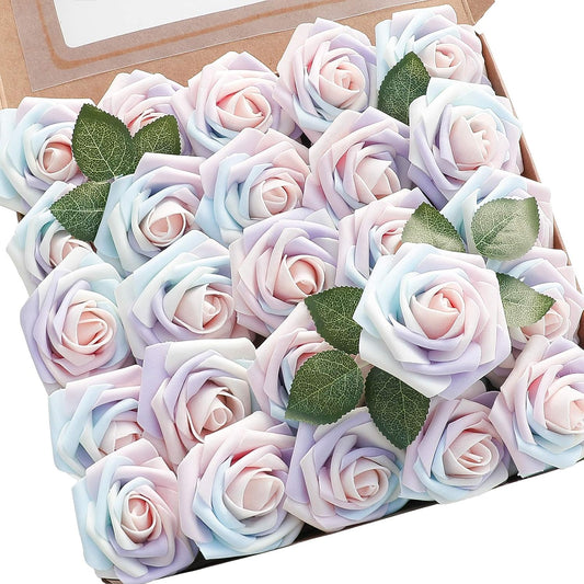 Floroom Artificial Flowers 25pcs Real Looking Whimsical Blush Foam Fake Roses with Stems for DIY Wedding Bouquets Baby Shower Centerpieces Floral Arrangements Party Tables Home Decorations