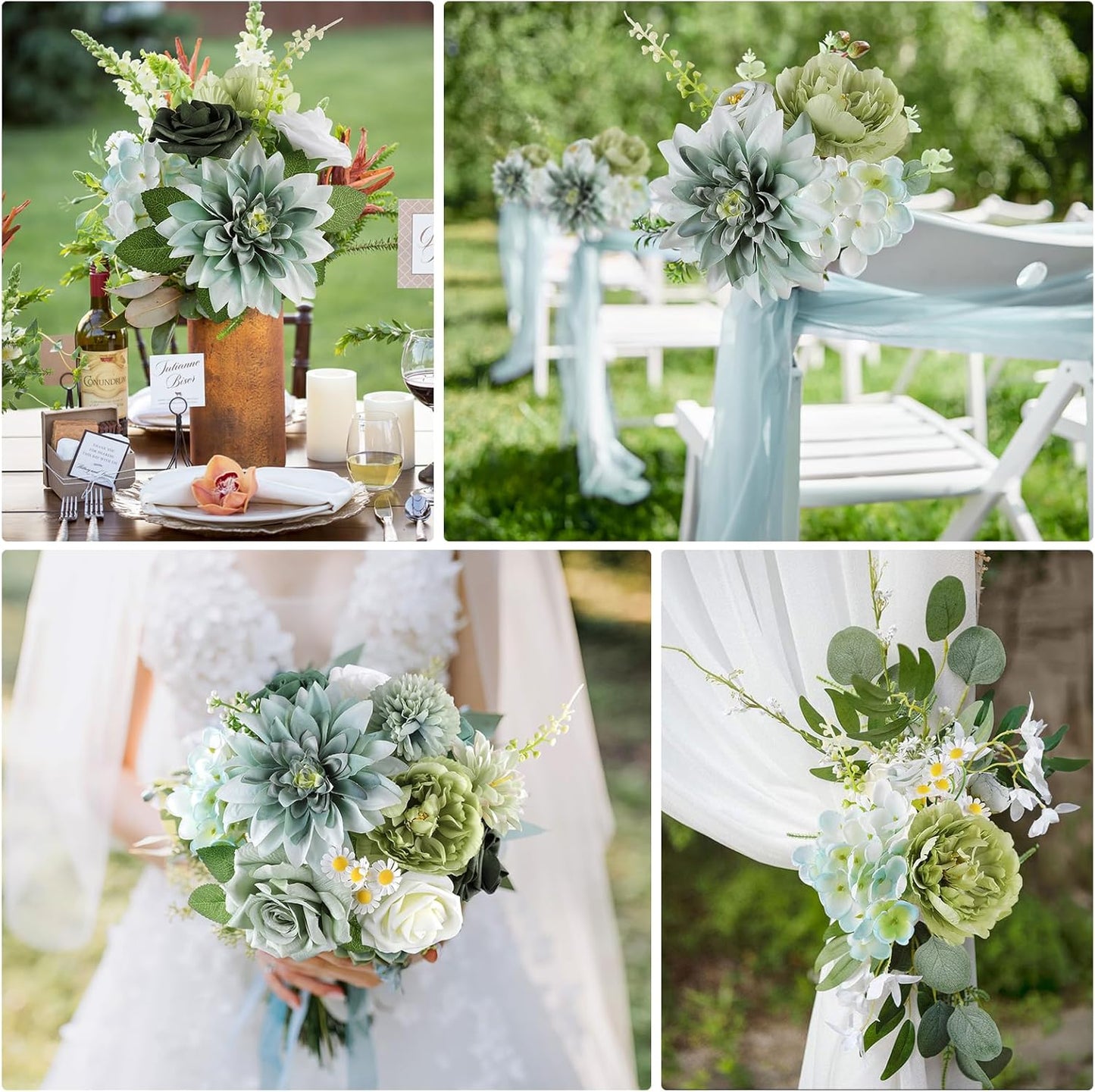 AmyHomie Forest Sage Green White Artificial Flowers Combo Silk Rose Fake Flowers w/Stem for DIY Wedding Bouquets Centerpieces Arrangements Table Fall Decor Party Bridal Baby Shower Home Decorations