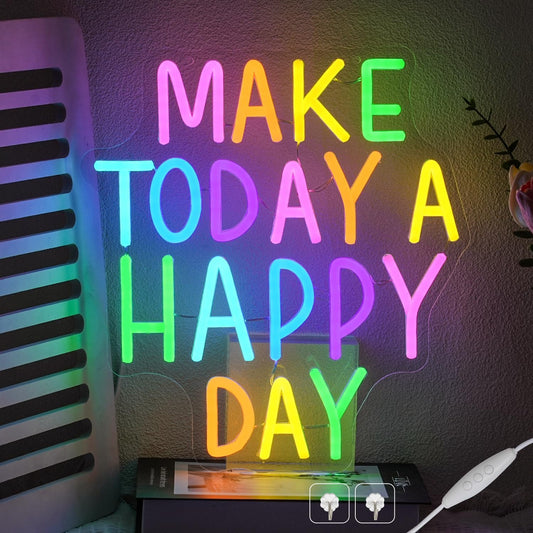 Make Today A Happy Day Neon Sign, Inspirational Colorful Letter Neon Light for Wall Decor, Dimmable Motivation LED Light Sign for Bar Cafe Restaurant Office Living Room Wedding