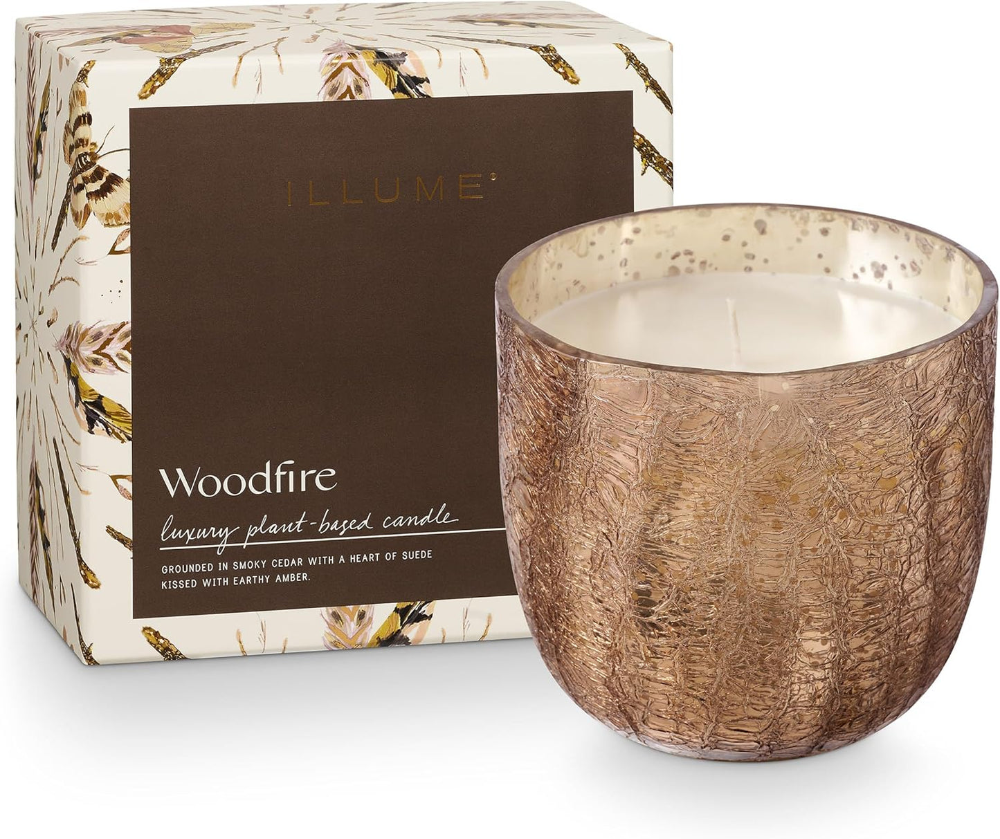 ILLUME Large Boxed Crackle Glass Candle, Woodfire