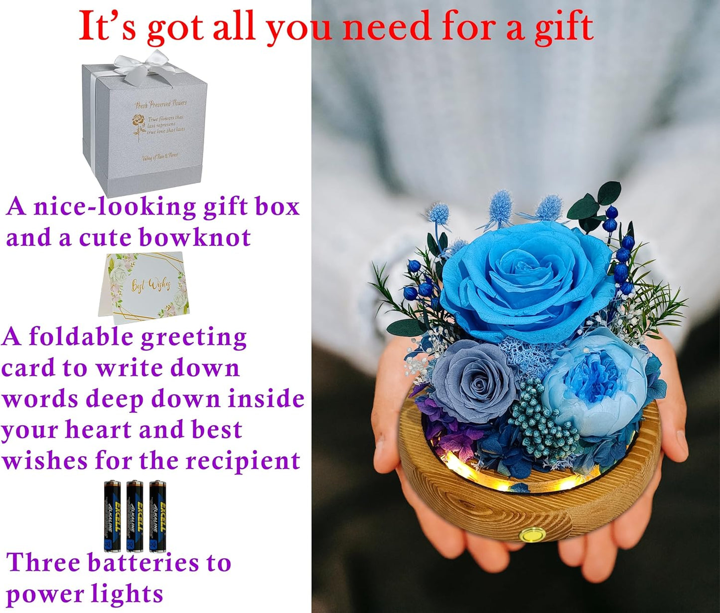 Valley of Rain & Forest Long-Lasting Real Flowers, Unique Floral Gift For you to send Love for All Occasions, for Indoor Decoration (Blue Rose, Grey & White-Blue Austin Roses)