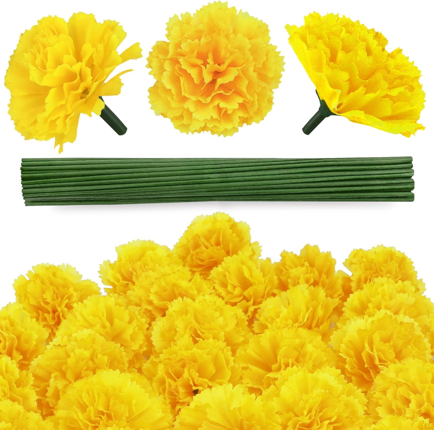 30 Pcs Artificial Marigold Flowers,3.54" Silk Marigold Flower Heads with Stems,Yellow Flowers Artificial for Diwali Decor,Indian Wedding,Home,DIY Wreath Garland,Day of The Dead Decorations