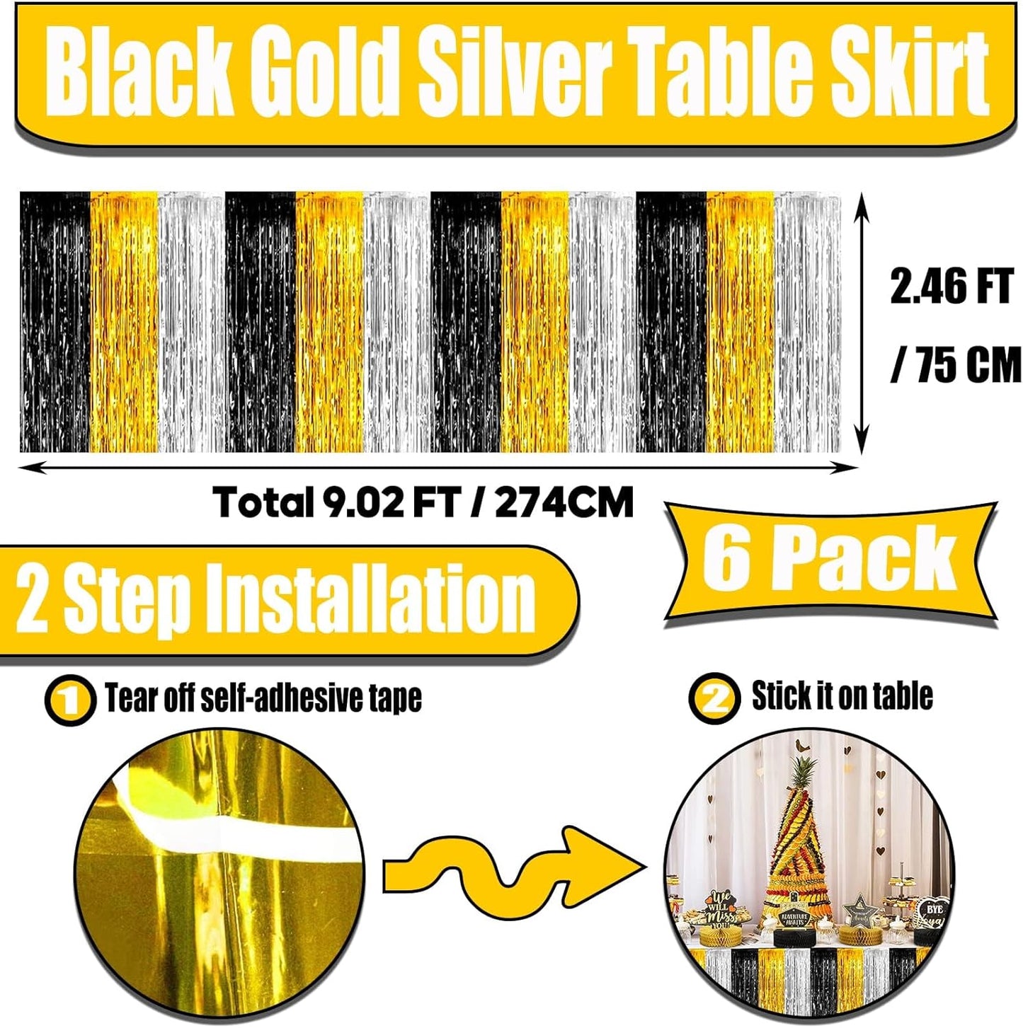 6 Pack 29x108 Inch Metallic Foil Fringe Tinsel Table Skirts Banner for Rectangle Tables Streamer Garland for Birthday, Parade Floats, Valentine's Day Party Decoration(Black Gold Silver)