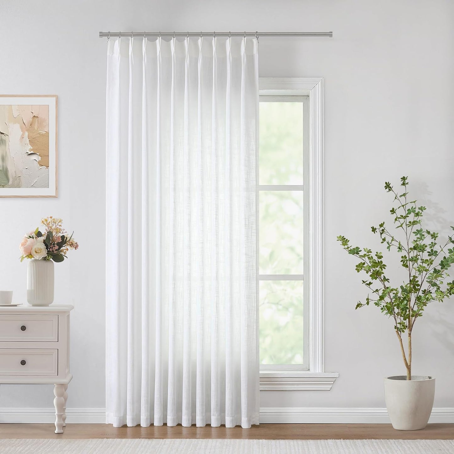 Vision Home White Pinch Pleated Semi Sheer Curtains Textured Light Filtering Window Curtains 84 inch for Living Room Bedroom Patio Rayon Blended Pinch Pleat Drapes with Hooks 1 Panel 60" Wx84 L
