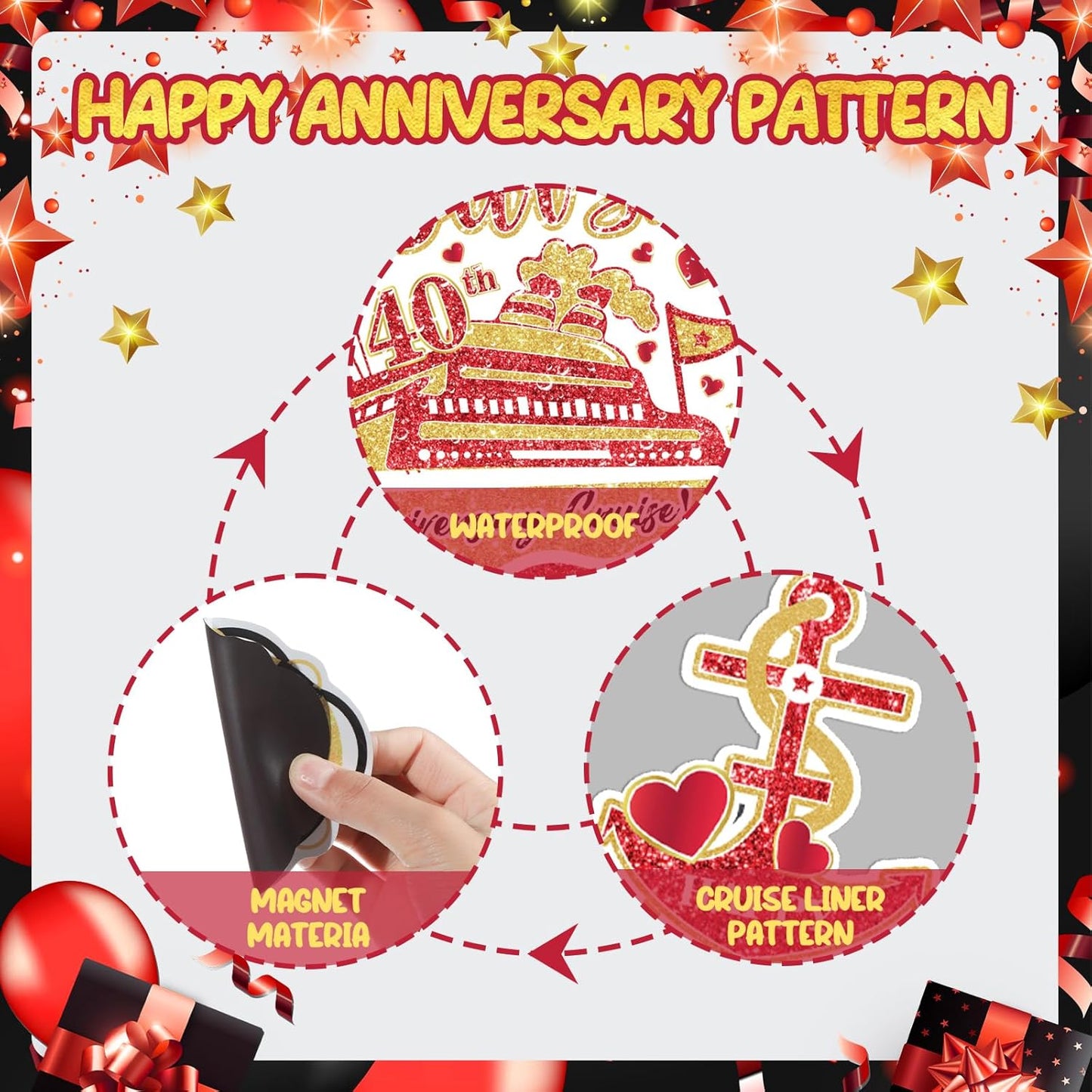 40th Anniversary Cruise Door Magnets Decorations Red Gold Happy 40th Anniversary Cruise Ship Door Decor Magnetic for Married in 1985 Men Women Wedding Party Refrigerator Fridge Car Kitchen Garage
