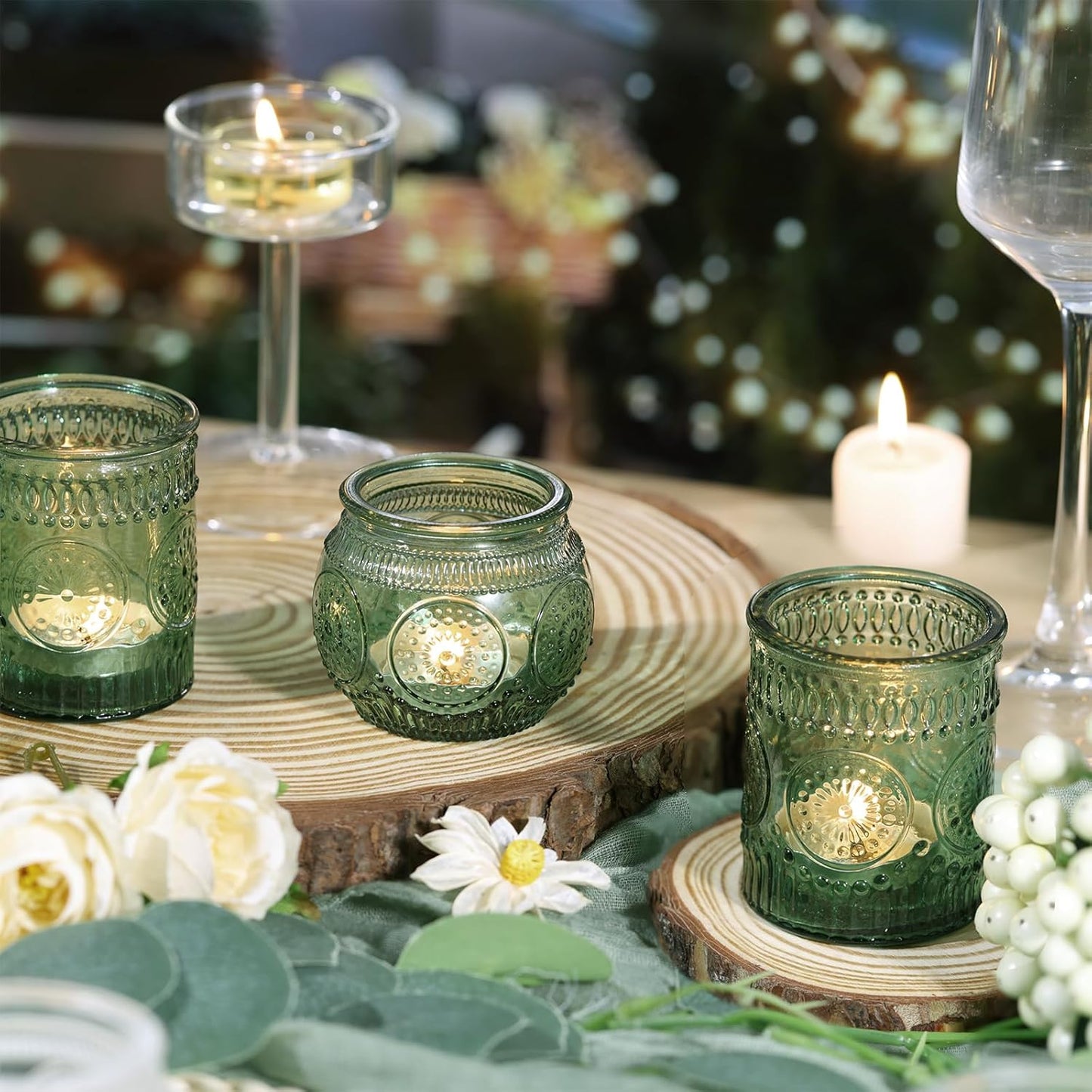 DARJEN 12Pcs Green Votive Candle Holders - Glass Tea Light Candle Holder for Wedding Shower, Candle Holder Bulks for Wedding & Home Table Decor, Vintage Parties Gifts