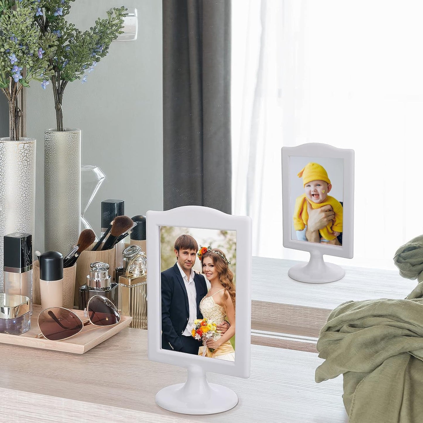 NahNah Double Sided Standing Picture Frames - (White, 10 Count) 4x6 Inch, Plastic Pedestal Photo Frame with Inserts and Base - 2 Sided Tabletop Vertical Display Frame for Wedding Table Bridal
