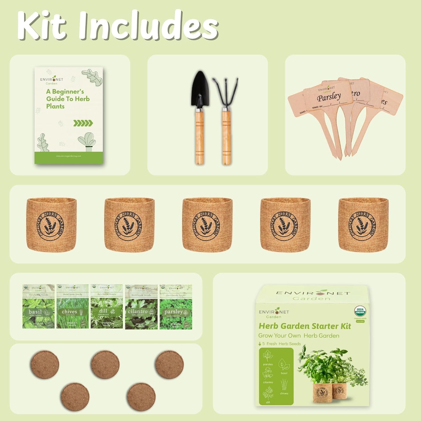 5 Herb Indoor Garden Kit-Burlap Pots, Organic Seeds & Complete Growing Herb Garden Set, Easy Kitchen Garden, Unique Seeds Starter kit, Basil, Parsley, Chives, Cilantro, Dill