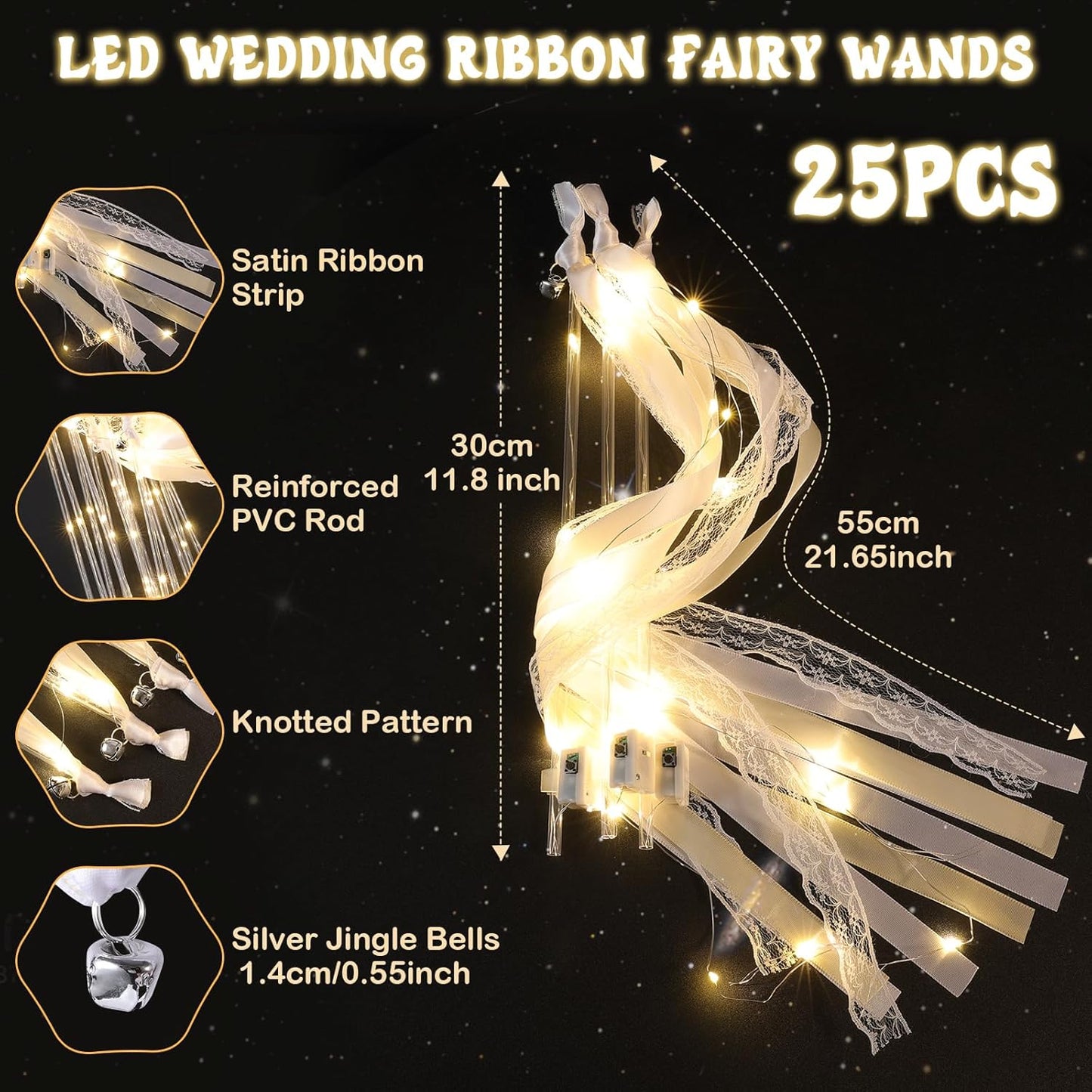 25 Pcs Wedding Wands Ribbon Streamers with 3 Colorful Flashing Modes, Light up LED Silk Fairy Wands, Glow Lace Stick with Bells for Wedding Reception, Graduation, New Year, Birthday Party (Warm White)