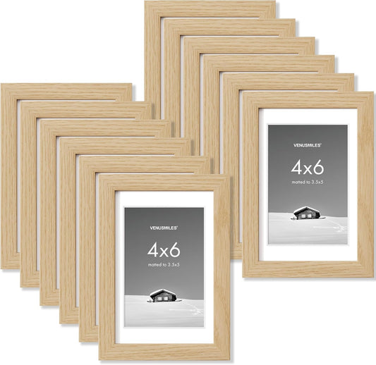 4x6 inch Picture Frame, 4x6 Photo Frames with 3.5x5 Removable Mat - High Definition Plexiglass - Vertical and Horizontal Display - Wall Hanging Frame - Oak Color, 12 Pack
