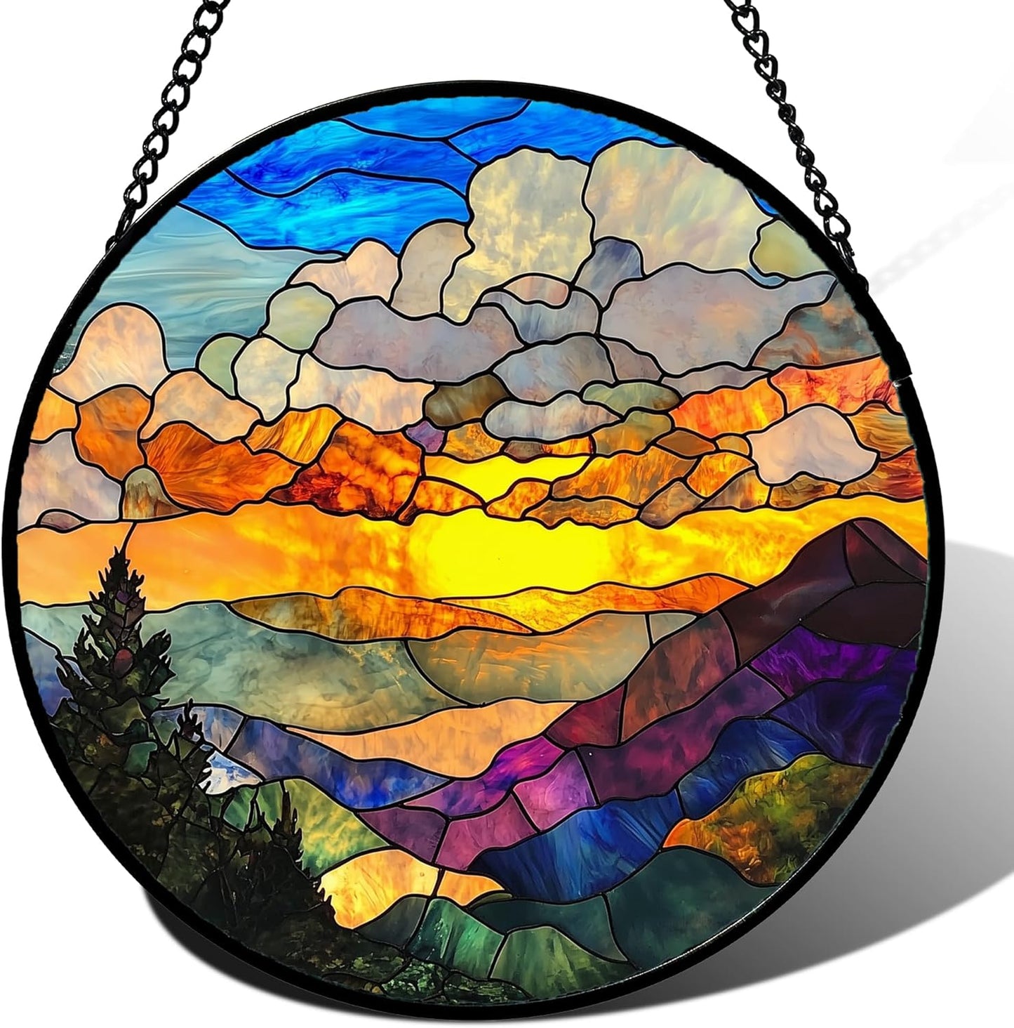 Stained Glass Window Hanging, Abstract Clouds Mountains Landscape Suncatcher for Doors Window Home Sun Catchers Decor Mother's Day Birthday Gifts for Women, Men Mom 6.3 in