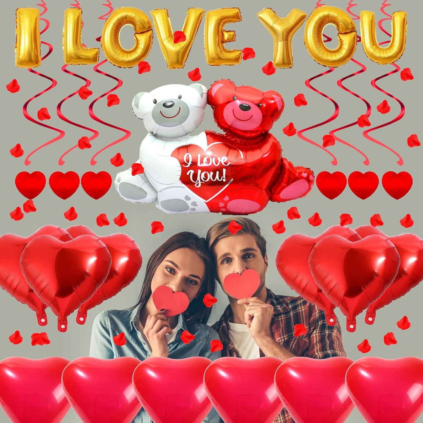 Rainmae I Love You Gold Balloons and Heart Balloons Kit with 1000 Pcs Dark-Red Silk Rose Petals Romantic Flower Decoration Love-Bear Red Heart Balloons for Valentine Day Wedding Party Decorations