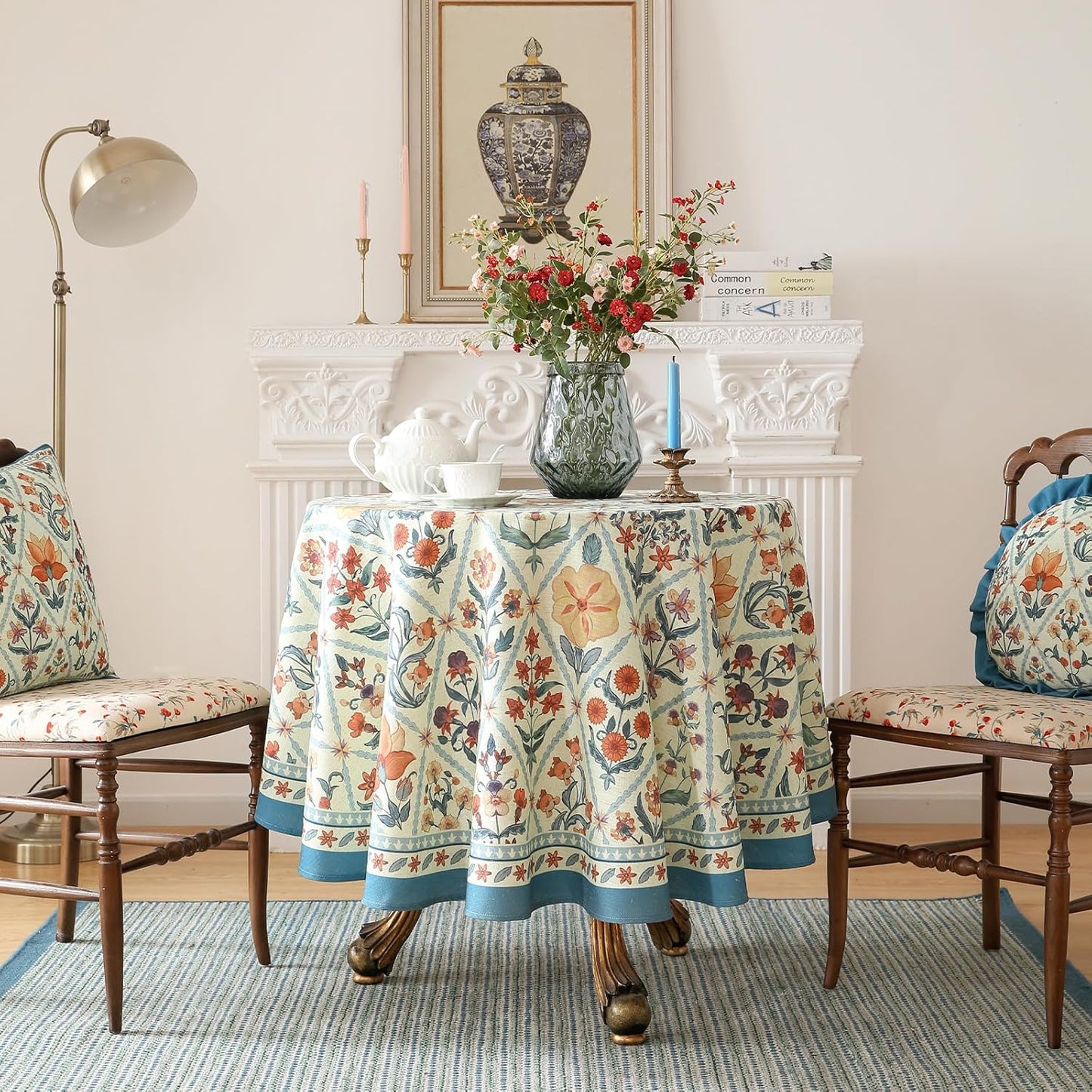 ISAENNE Designer Linen Elegant Round Tablecloth,Colorful Floral Bohemian Table Cloth,Wrinkle Resistant Decor Tablecloths for Dining Thanksgiving Kitchen Christmas,Diameter 67"-Floralsea A