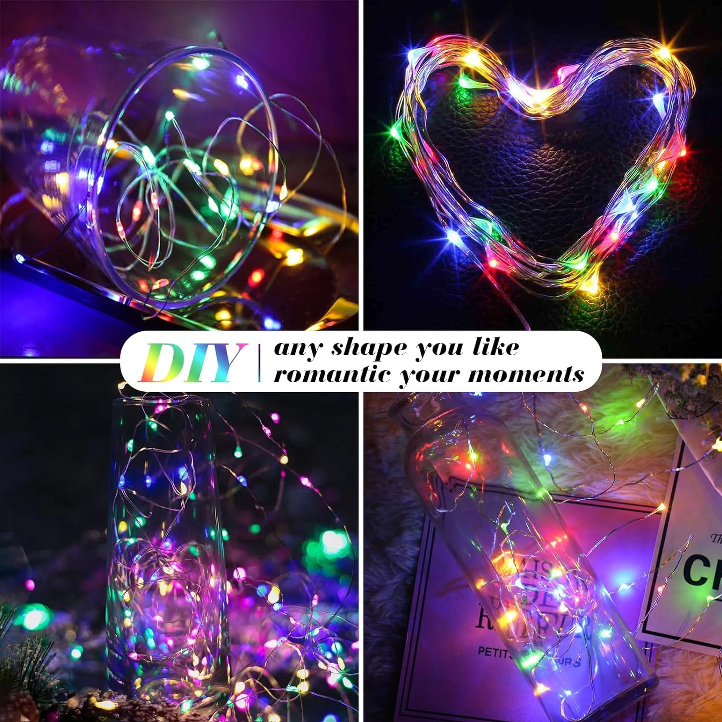 ZGWJ 100 Pack Fairy Lights Battery Operated, 7ft 20 Mini LED Fairy String Lights Silver Wire 3 Modes for DIY, Parties, Wedding, Bedroom, Halloween Christmas Decoration Multicolor