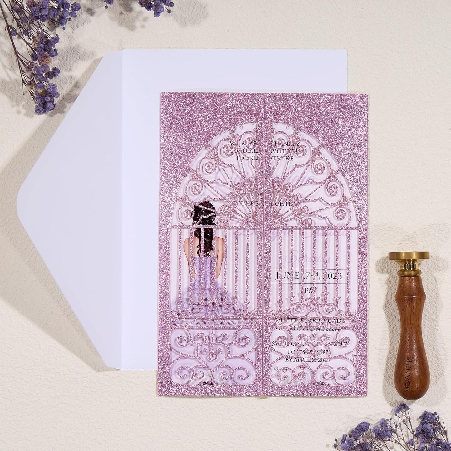 Personalized Wedding Invitations with Envelopes and RSVP Cards Blank 25pcs Light Purple Glitter Laser Cut Invitation Pockets for Wedding Bridal Shower Birthday Quinceañera Anniversary