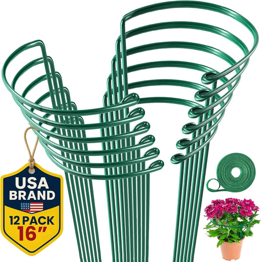 K-Brands 12 Pack Plant Support Stakes – Heavy-Duty Half Round Peony Support Ring and Cage for Indoor and Outdoor Plants – Peony, Tomato, Hydrangea, Rose 10" Wide x 16" High