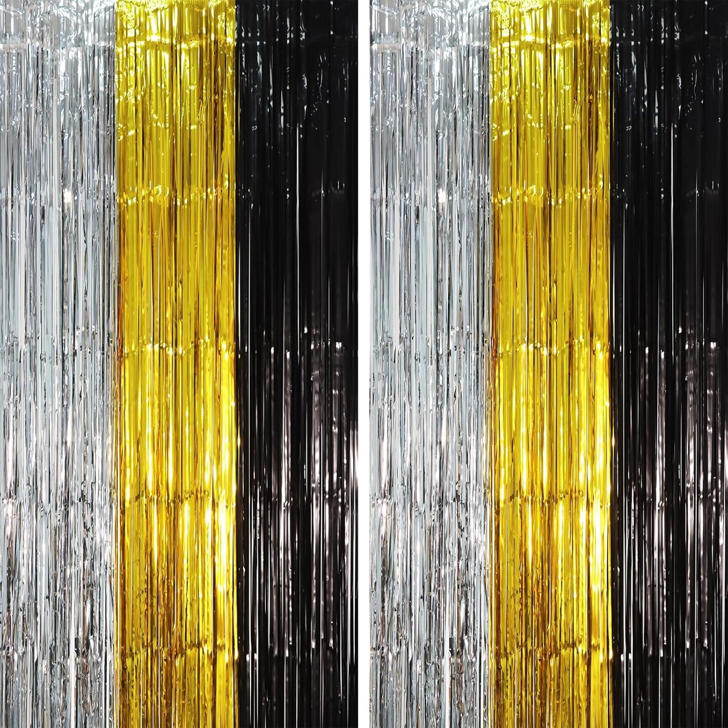 2 Pack Black Gold Silver Foil Fringe Backdrop Curtains, Tinsel Streamers Party Decorations, Fringe Backdrop, Door Shimmer for New Years or Birthday Party