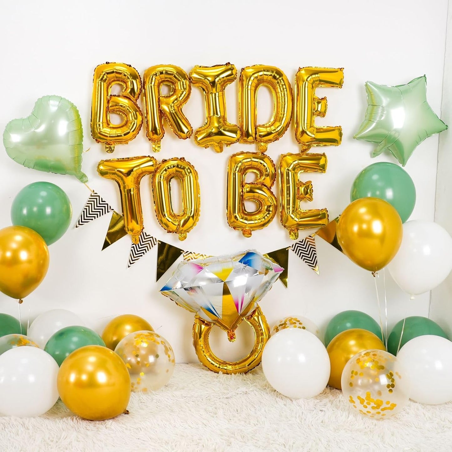 Bridal Shower Decorations Sage Green,Bachelorette Party Decor with Bride To Be Letter Balloons Banner, Diamond Ring Heart Foil Balloon,Green Gold Confetti Balloons for Engagement Wedding Party favors
