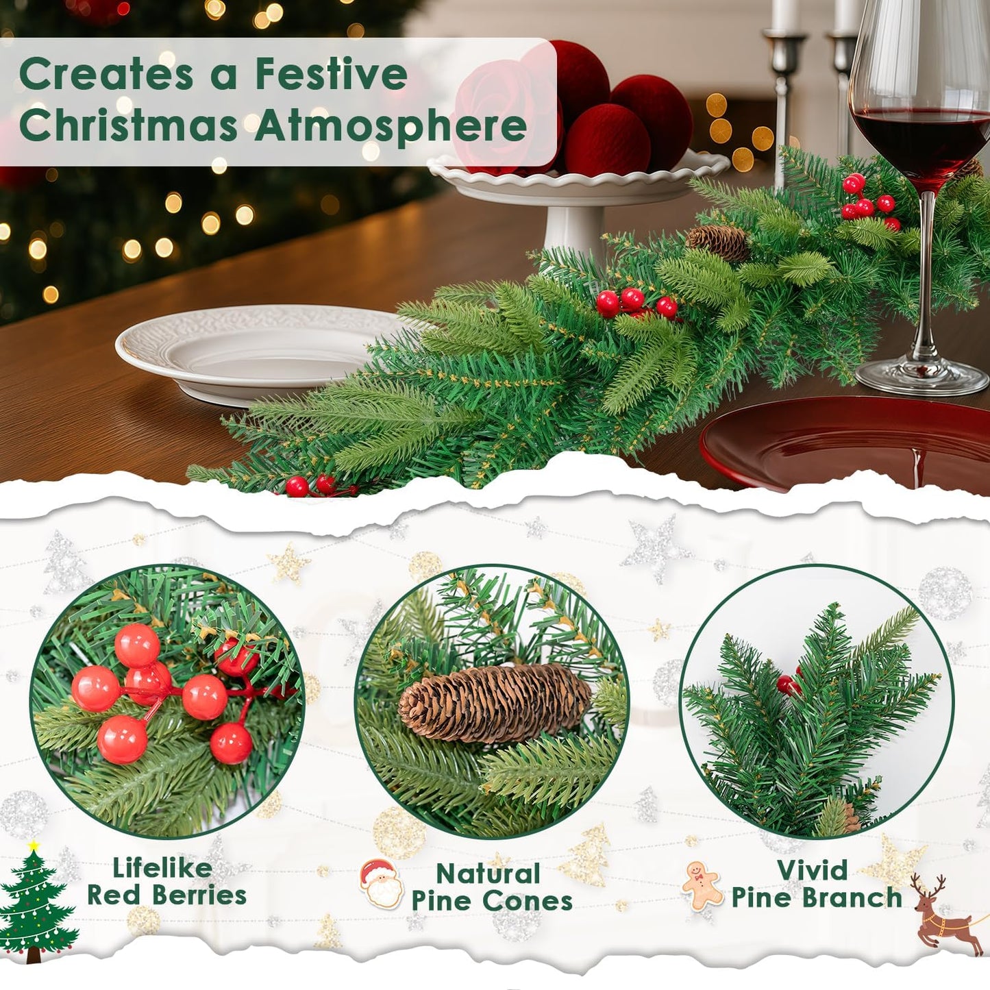 6FT Christmas Garland Artificial Norfolk Pine Tree Greenery, Cedar Cypress with Red Berries Pine Cones, Realistic Winter Holiday Mantel Fireplace Door Table Decor, Indoor Outdoor