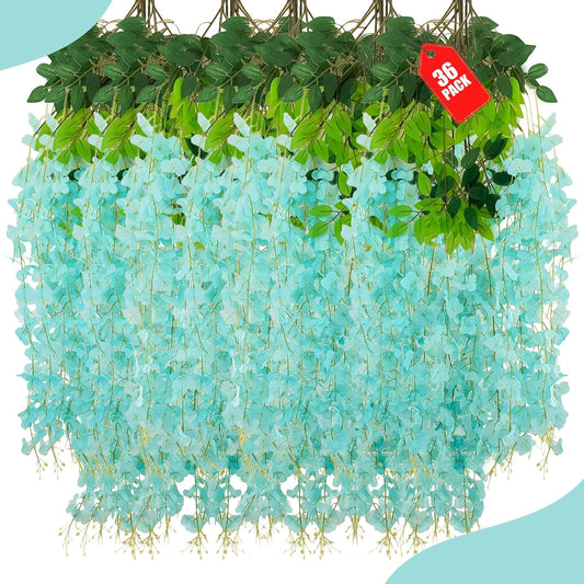 36 Pack Teal Wisteria Hanging Flowers, 3.44 Ft Fake Hanging Flowers, Artificial Wisteria Garland Vines for Wedding Room Backdrop Outdoor Patio Garden Decoration