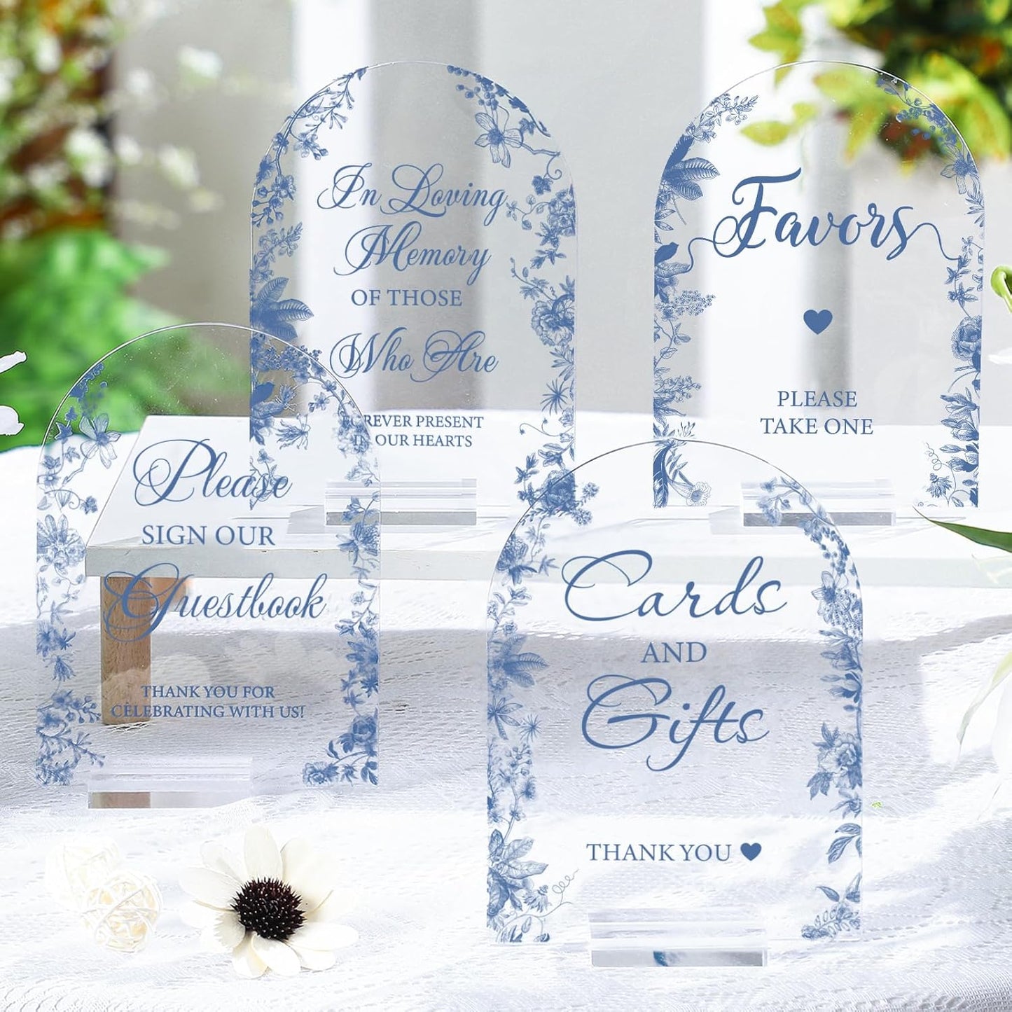 4 Pcs Flower Acrylic Wedding Signs for Ceremony and Reception Guest Book Wedding Cards and Gifts Sign Please Take One Couple Loving Memory table Decor(Blue Flower)