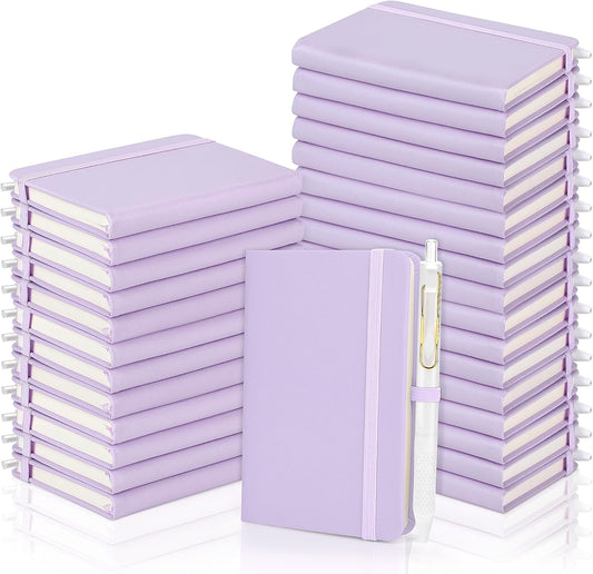 Aodaer 50 Sets Pocket Notebook Journal with Pens, 160 Pages, 3.5 x 5.5 Inch Mini Lined Journal Notebook A6 Leather Hardcover College Ruled Notepad with Pen Holder for School Office Gifts, Lavender