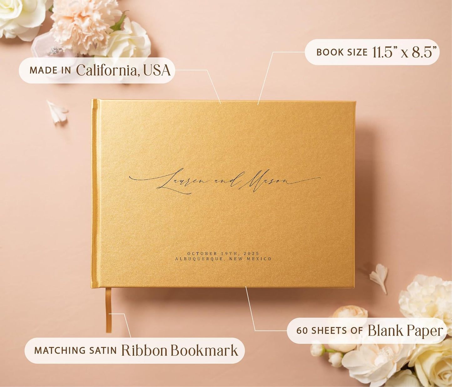 MUUJEE Personalized Guestbook in Gold - Premium Custom Modern Guest Book for Wedding Reception, Birthday Party or Events w/Bookmark Blank Pages for Signing 11.5 x 8.5 inches