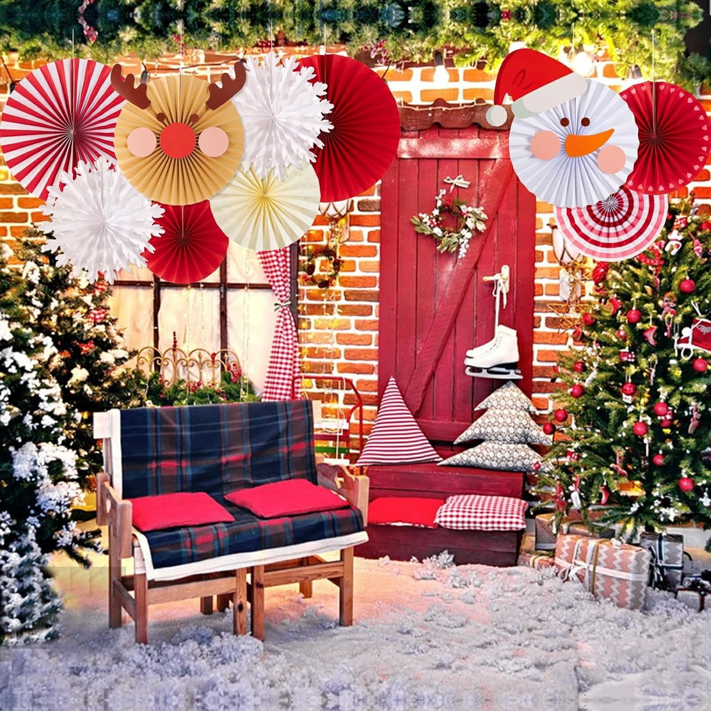 Christmas Hanging Paper Fans Decoration Red White Xmas Snowman Party Ceiling Hangings Deco Elk Tissue Paper Fans Decoration Set for Backdrops Wall Winter Party Supplies - 10pcs