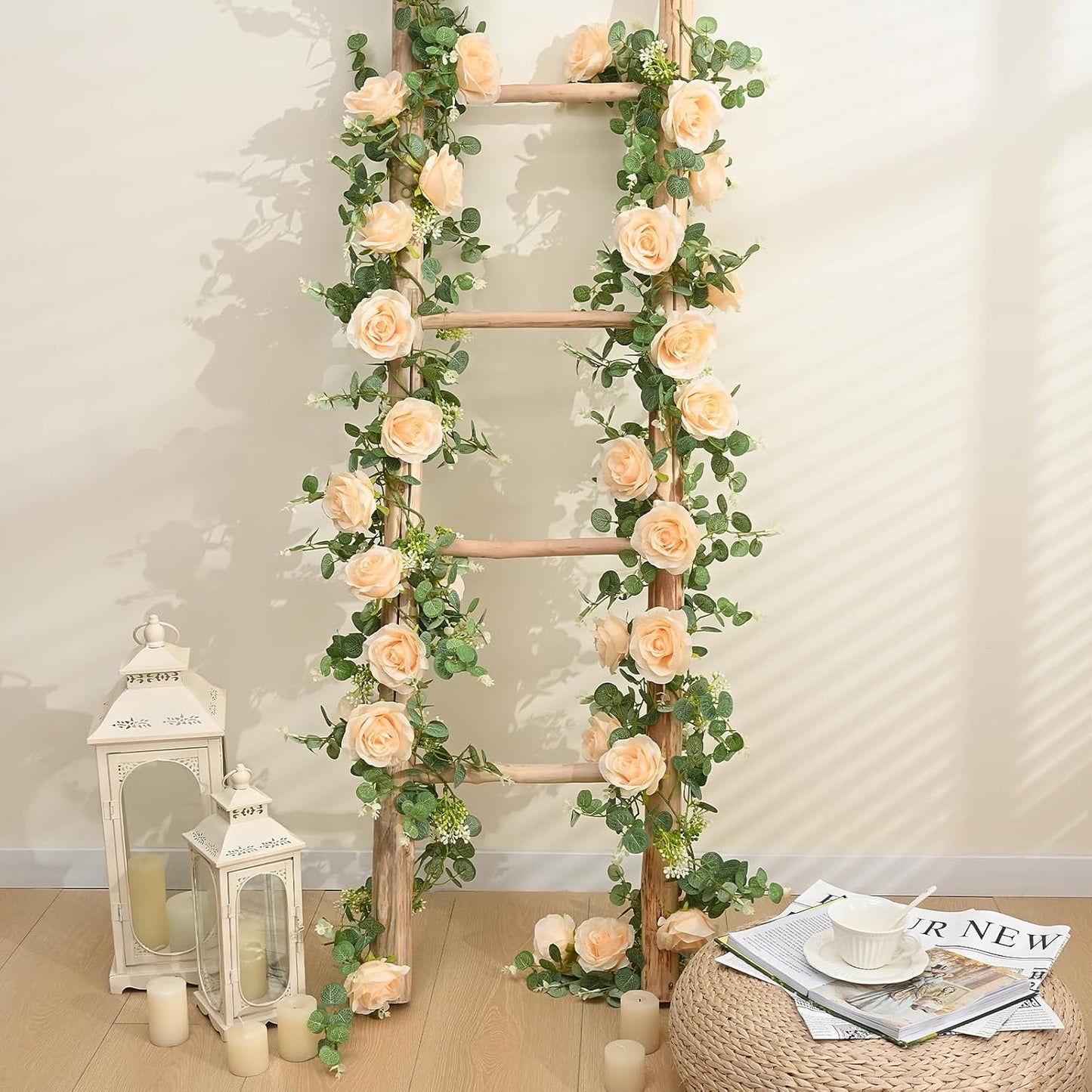 Dolicer 4Pcs 26Ft Artificial Eucalyptus Garlands with Flowers - 8 Roses, Faux Floral Greenery Garlands Fake Flowers Vines for Wedding Table Centerpieces Arch Party Ceremony Backdrop Decor (Champagne)