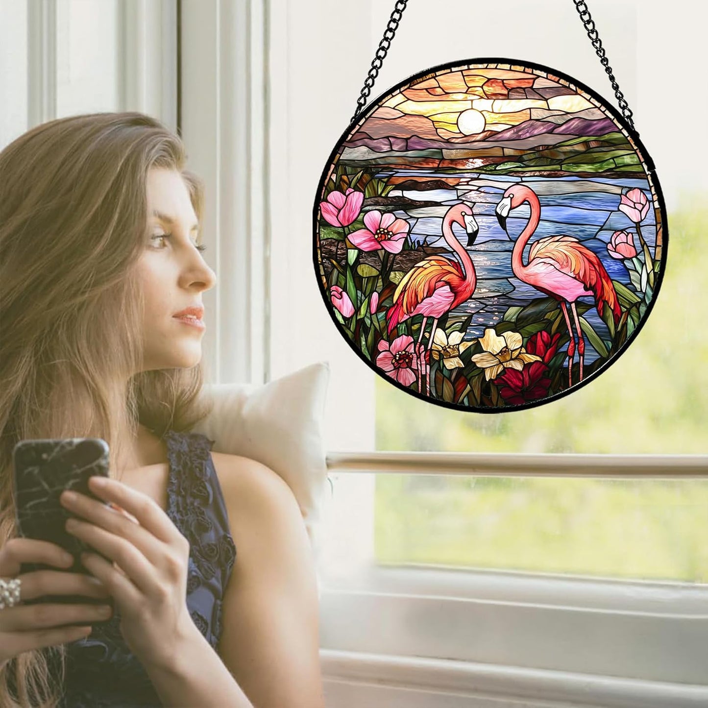 Stained Glass Window Hanging - Flamingo Wildflowers Landscape Suncatcher for Door Terrace Garden Home Decor Sunset Lake Sun Catcher Birthday Gifts for Lovers Women Men Dad Mom Nana 6.3 in
