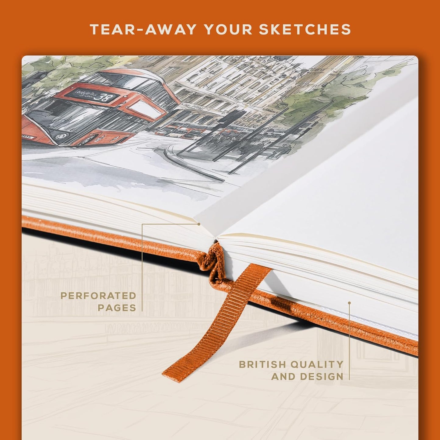 Beechmore Books A4 Sketchbook – 8.5x11 Premium Vegan Leather Bound Large Sketch Book Hardcover with 156 Thick 160gsm Perforated Ivory Pages, Blank Sketch Pad, Gift Boxed, Back Pocket, Ribbon Bookmark
